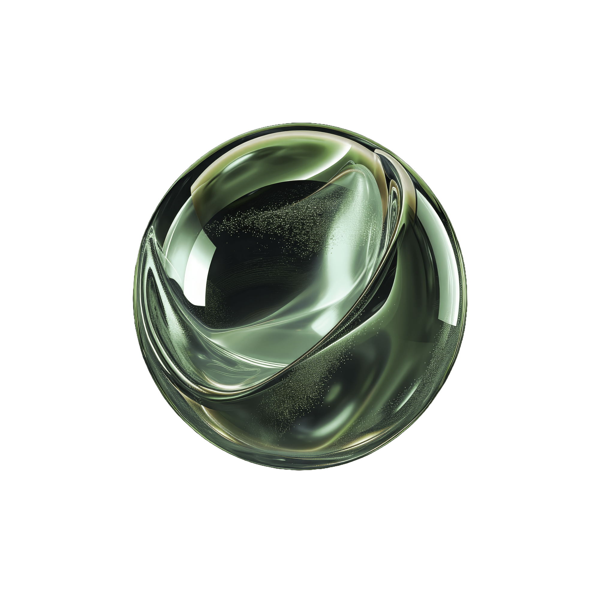 Abstract green and black swirling digital artwork with glossy marble-like texture and light reflections