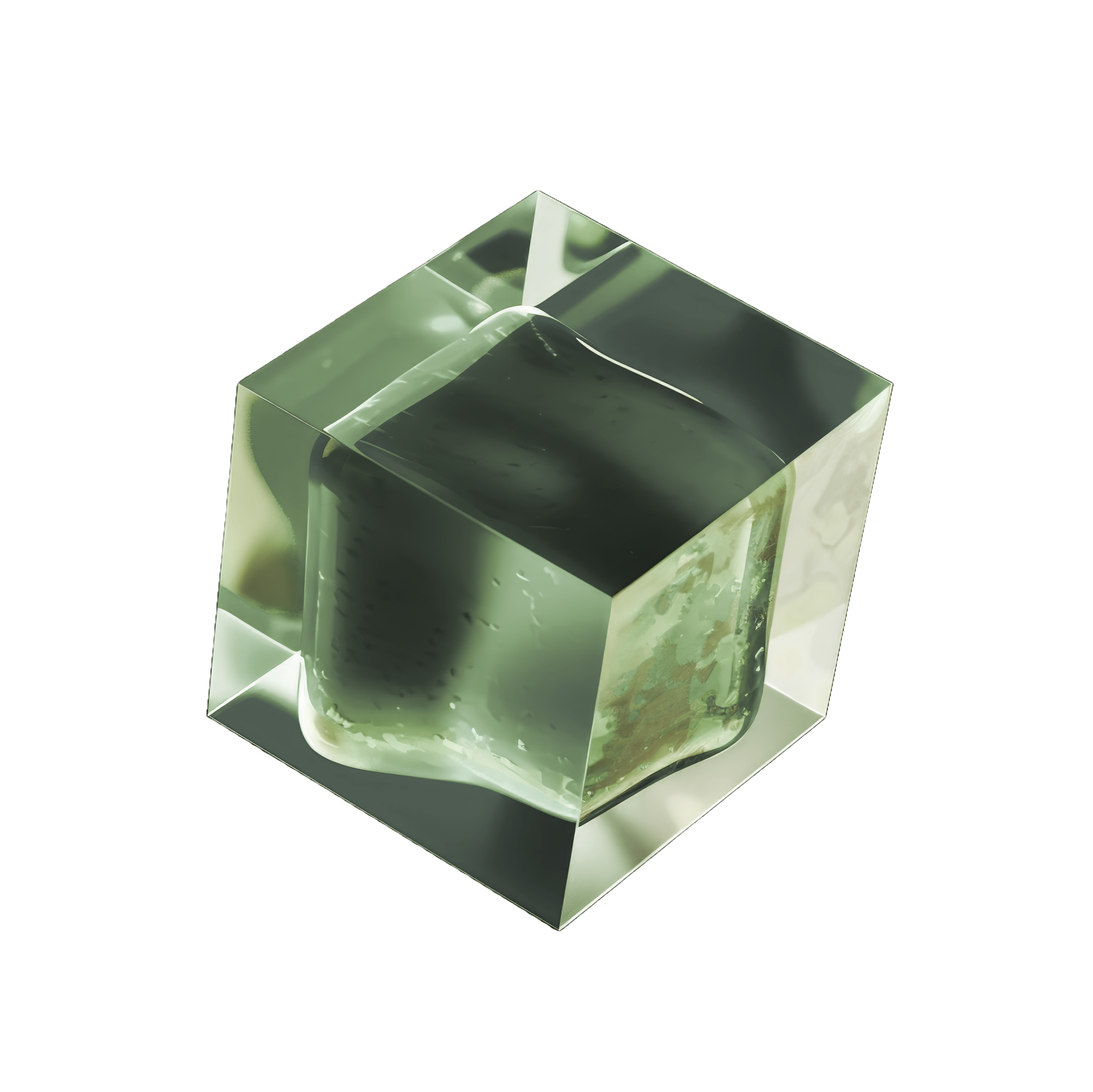A clear glass ice cube with a twisted straw inside, photographed against a plain background.