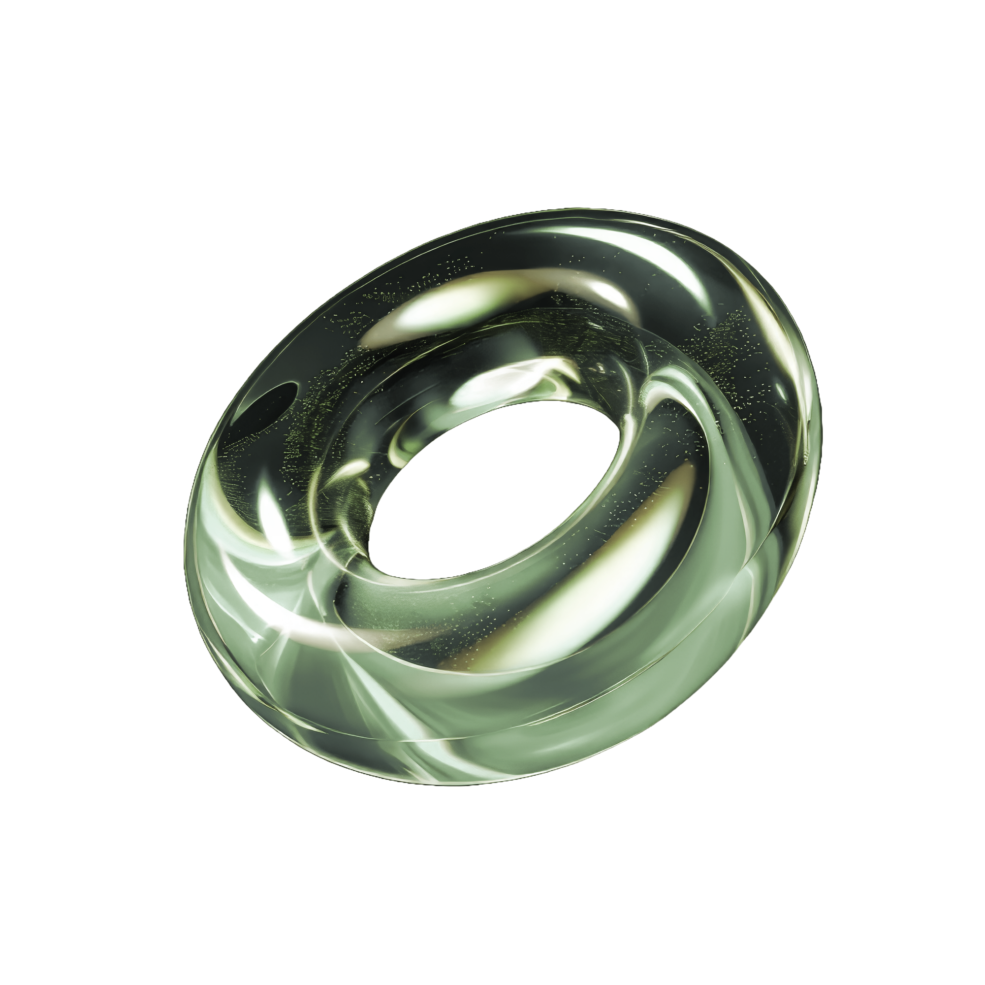 A metallic torus-shaped abstract sculpture with shiny, reflective surfaces and swirling patterns.