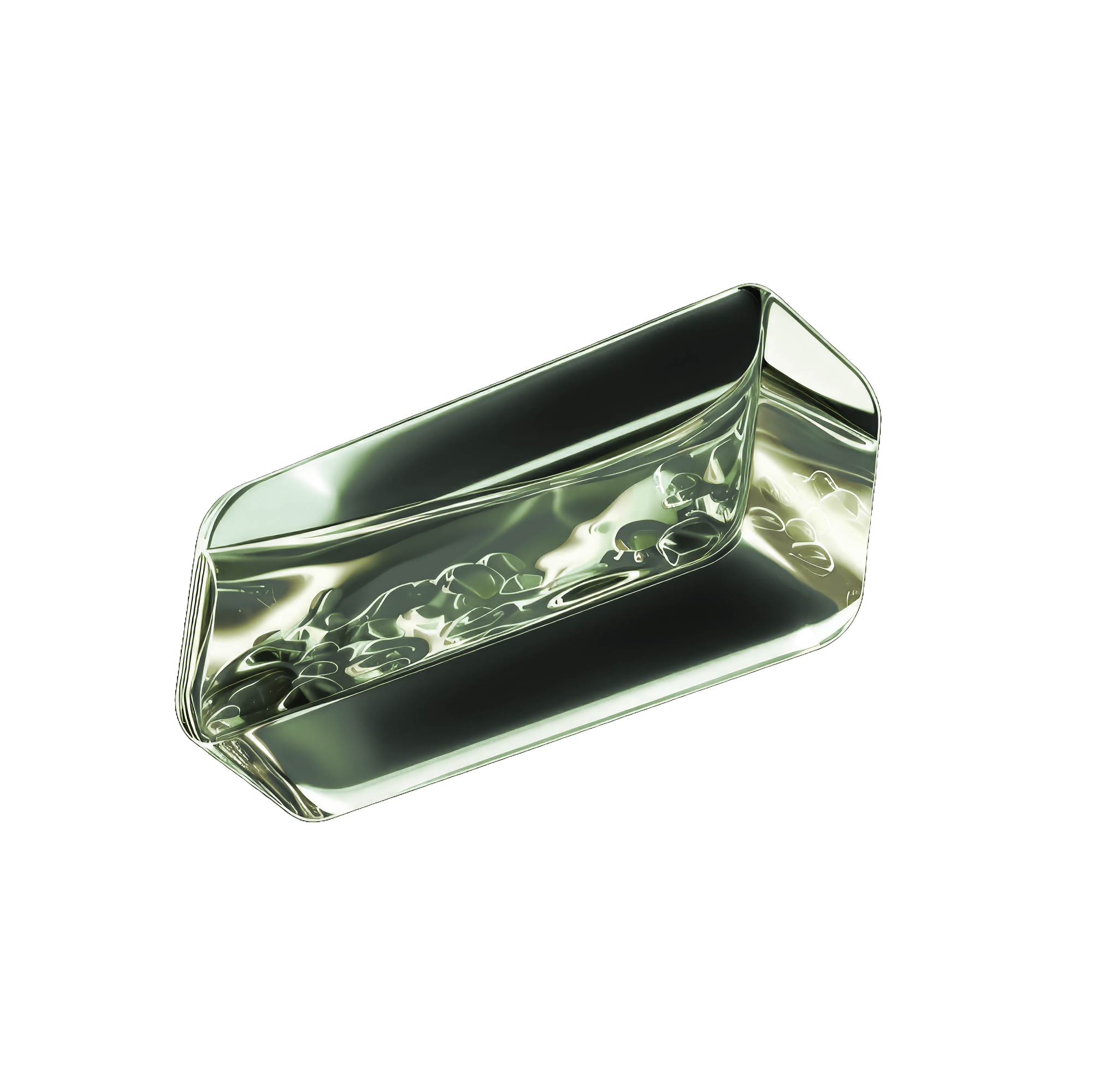 A transparent rectangular container with a reflective surface, filled with water and black beans, placed on a background with a yellow and green striped pattern.