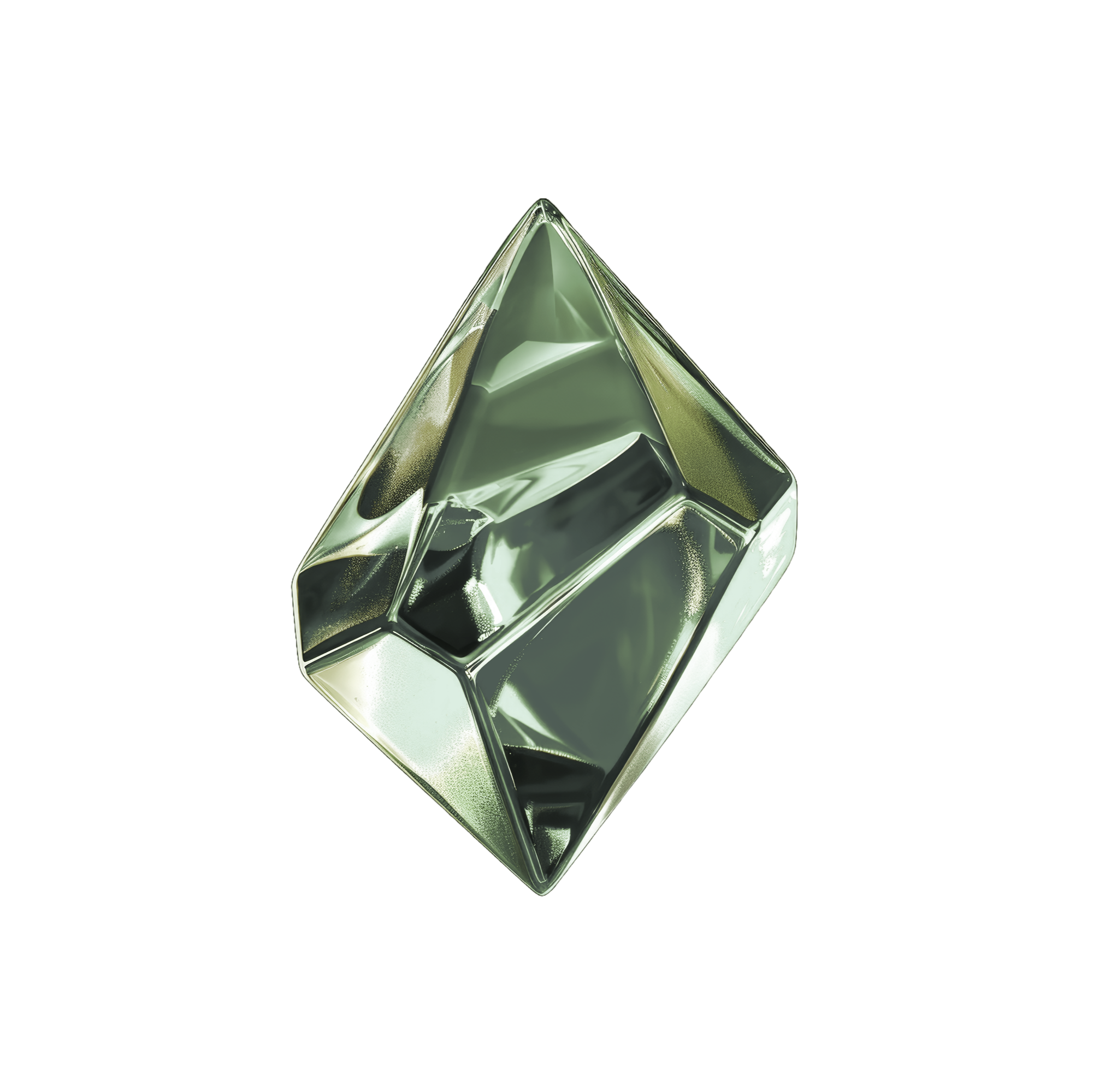 Silver, geometric, three-dimensional diamond-shaped ornament on a black background with a green ripple effect.