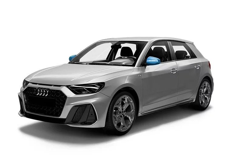 Silver Audi hatchback car with blue side mirrors on a white background.