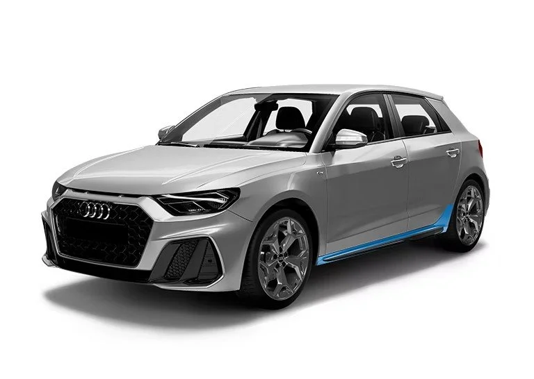 Silver Audi hatchback car with black grille and blue accent on the side, positioned at a slight angle facing right.