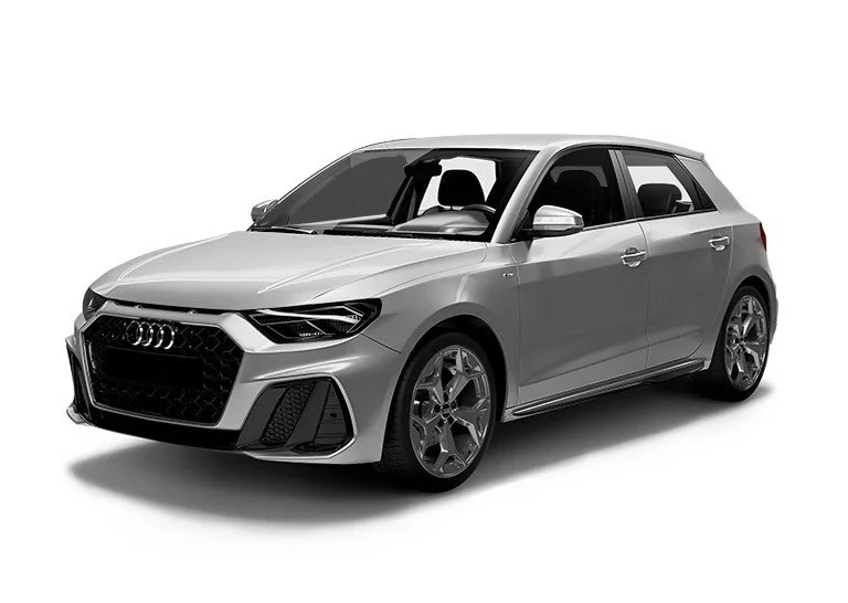 Silver Audi hatchback car with black grille, headlights, and alloy wheels