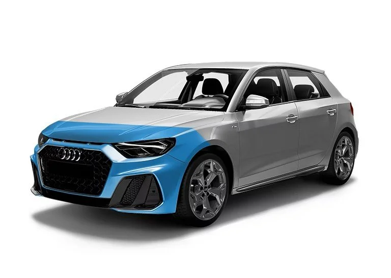 A silver and blue Audi hatchback car on a white background.