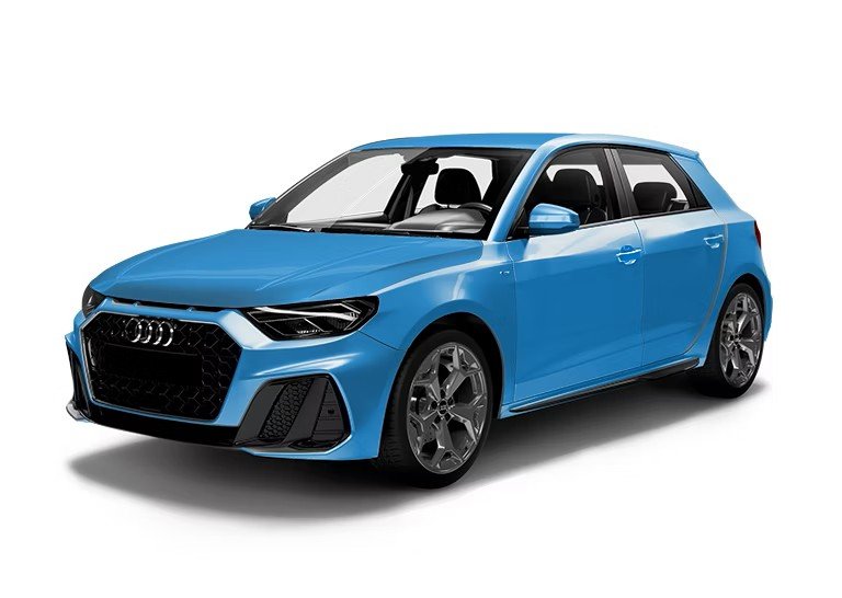 A blue Audi hatchback car viewed from a front three-quarter angle on a white background.