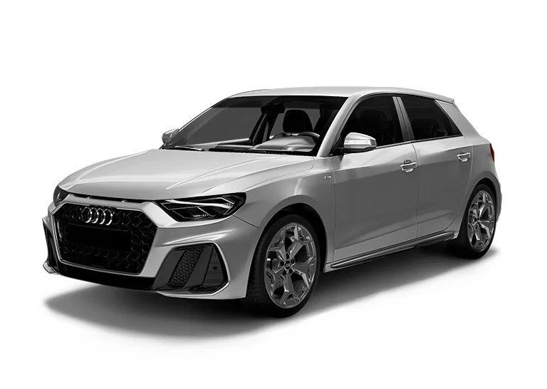A silver Audi hatchback car with a sleek design, black mesh front grille, and modern headlights, shown against a white background.