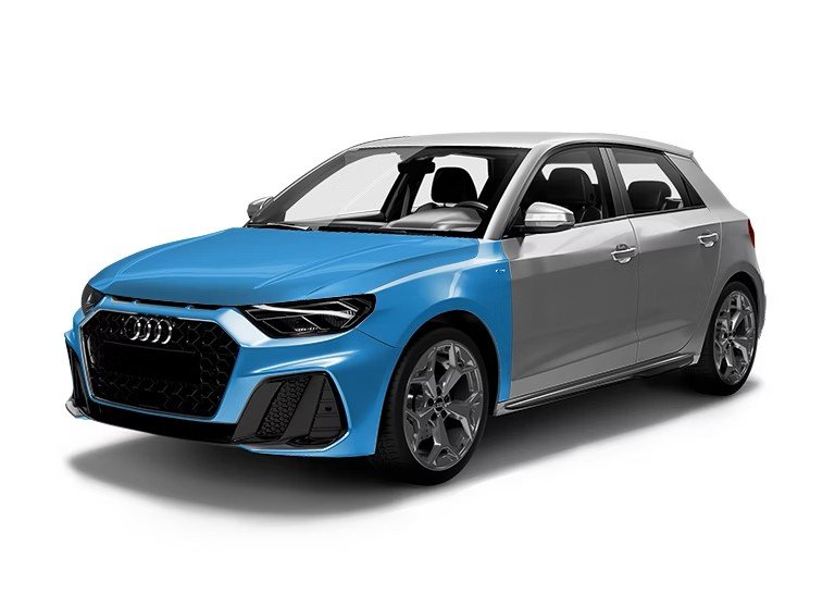 A new Audi hatchback car with a two-tone color scheme, blue on the front and silver on the rear, positioned against a white background.