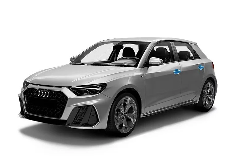 A silver Audi hatchback car, side view, with black grille and alloy wheels, on a plain white background.
