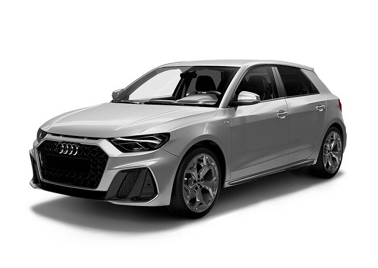 A silver Audi hatchback car with black accents and alloy wheels, parked on a plain white background.