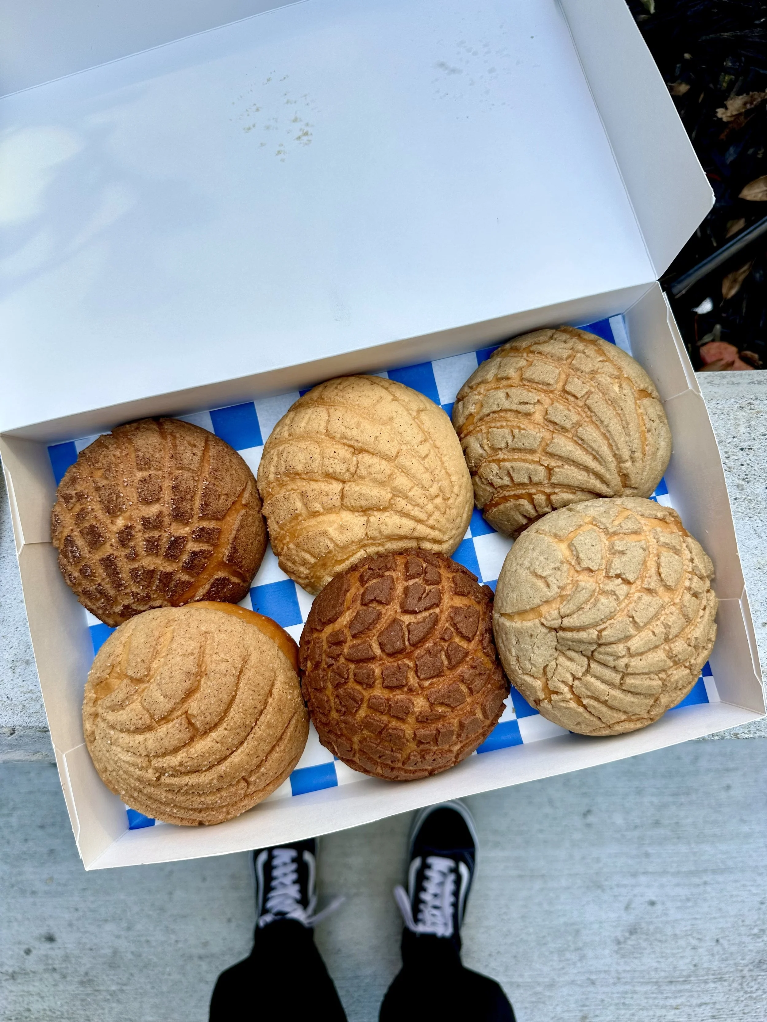 A box of six melonpan cookies, with various patterns and colors, on a blue and white checkered paper liner. The person taking the photo is wearing black sneakers with white laces and black pants.