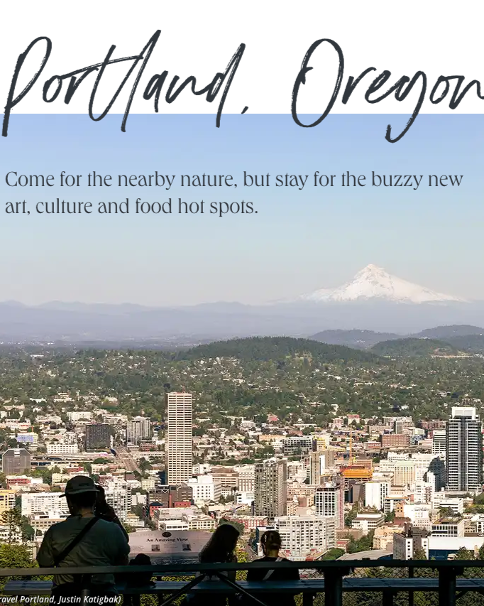 A panoramic view of Portland, Oregon, with the city skyline, Mount Hood in the background, and people enjoying the vista from a viewpoint.