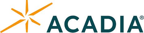 ACADIA logo featuring an orange starburst symbol and the word 'ACADIA' in dark green.