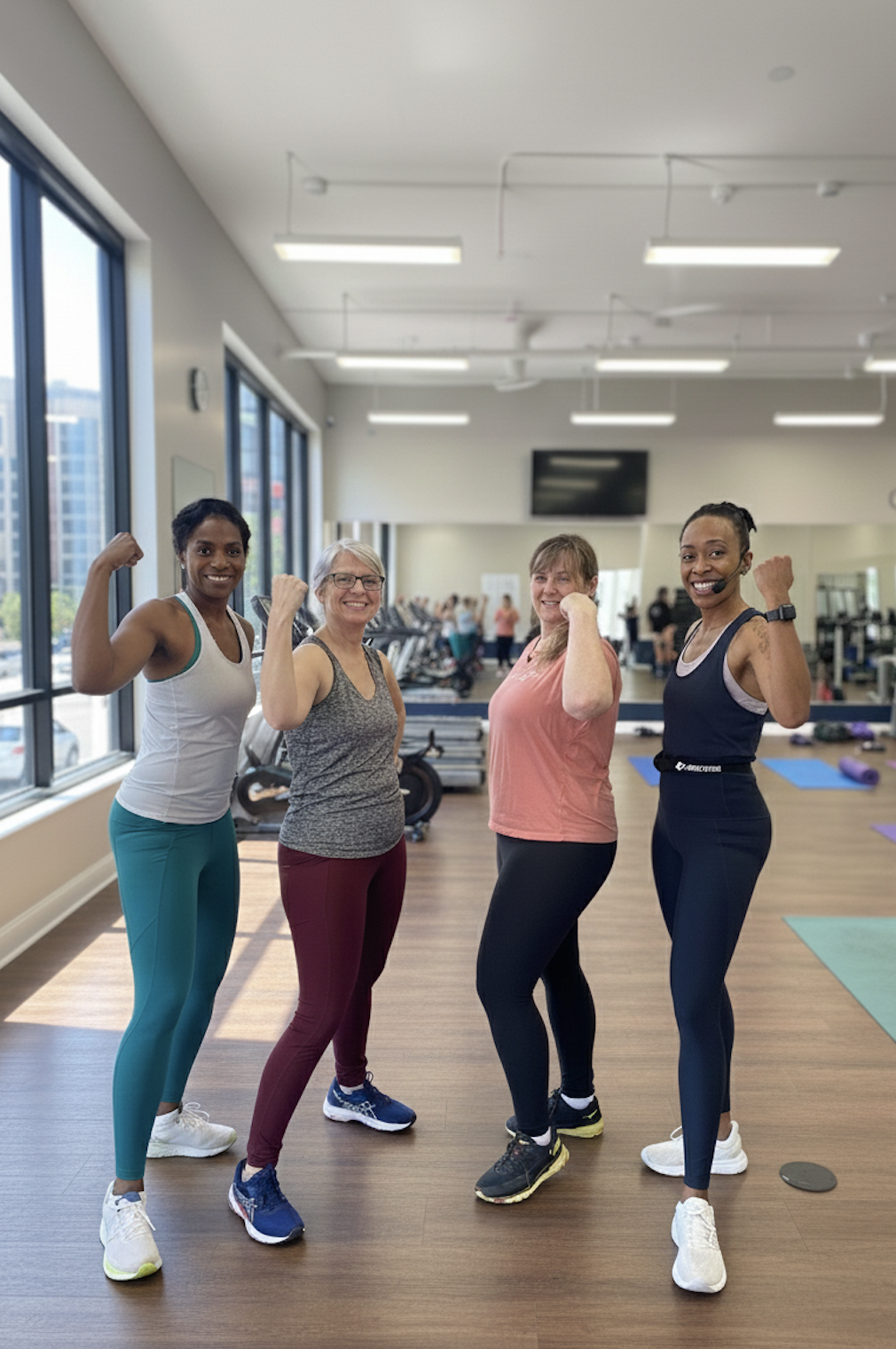 Four women at a gym flexing their arms and smiling.