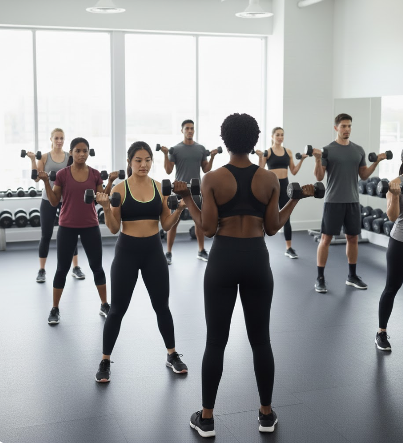 Group fitness class in a gym with a trainer leading women and men in a dumbbell workout, all dressed in workout clothes, with large windows in the background.