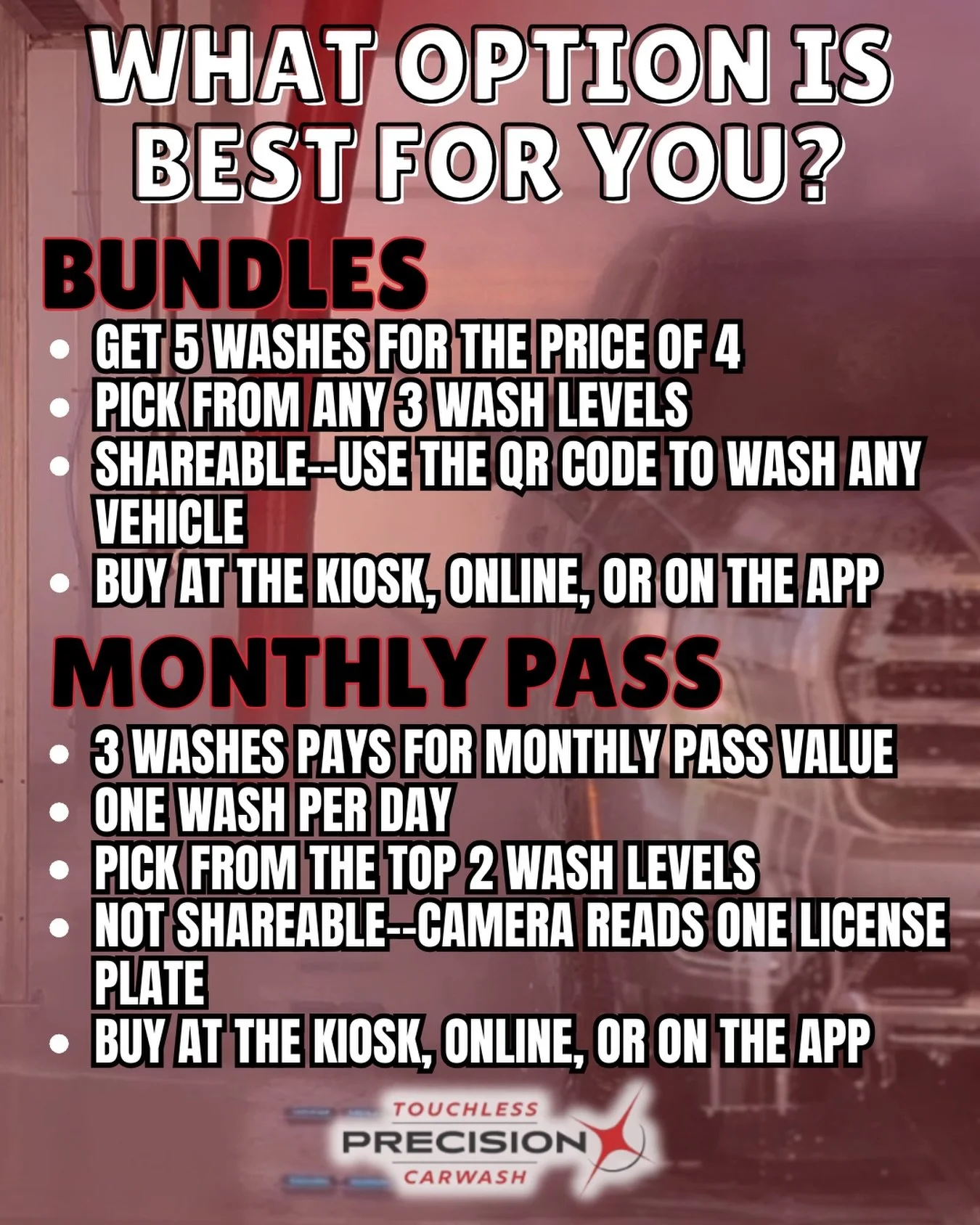 🤔 BUNDLE OR MONTHLY PASS? 🚗 Take a look at them side by side to pick the option best for you or your household vehicles! See all pricing on our store on our website link in bio or on our new app: Precision Carwash LLC 📱