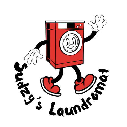 An anthropomorphized washing machine with arms and legs, waving, on a black background.
