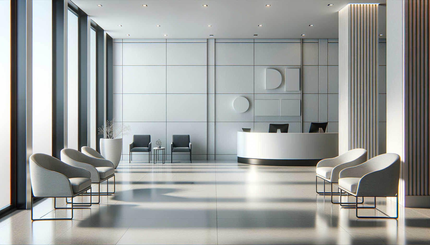 Modern office lobby with white seating, black chairs near the wall, a reception desk with three computer monitors, large windows on the left, and white geometric wall art.