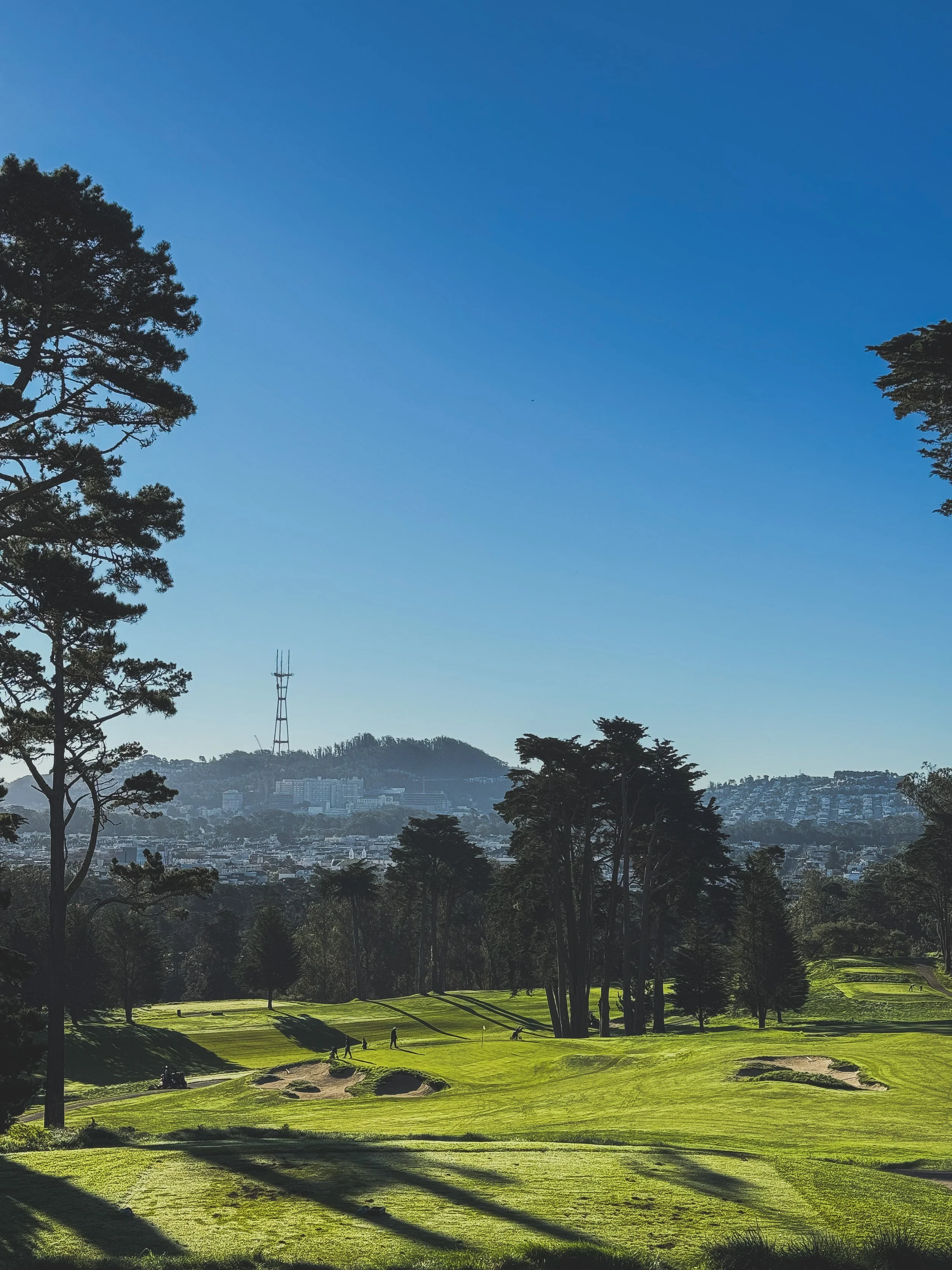 A golf course with players, surrounded by trees, with a cityscape and hills in the background under a clear blue sky.