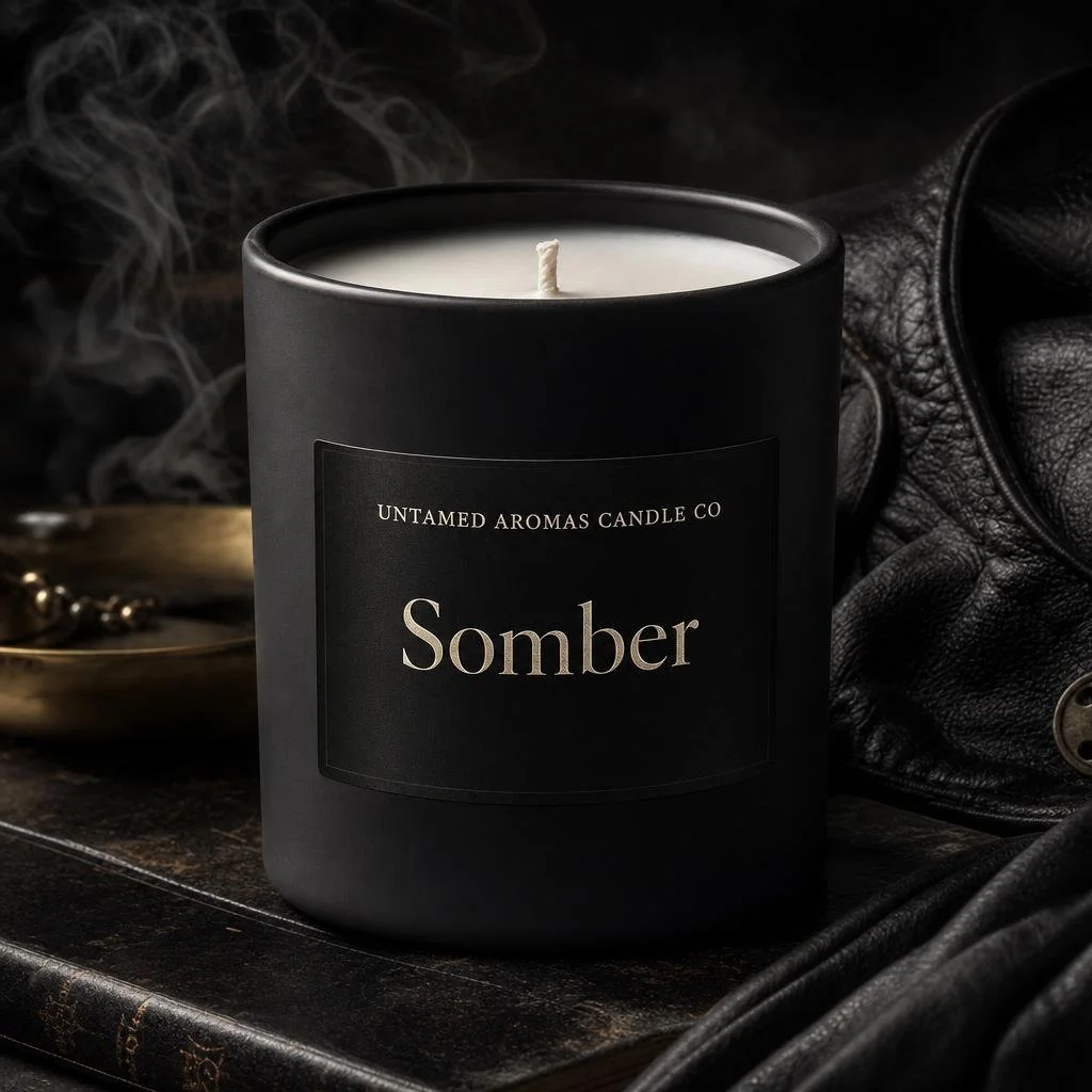A black scented candle labeled 'Somber' from Untamed Aromas Candle Co, burning with a small flame, placed on a dark surface with a smoky aroma.