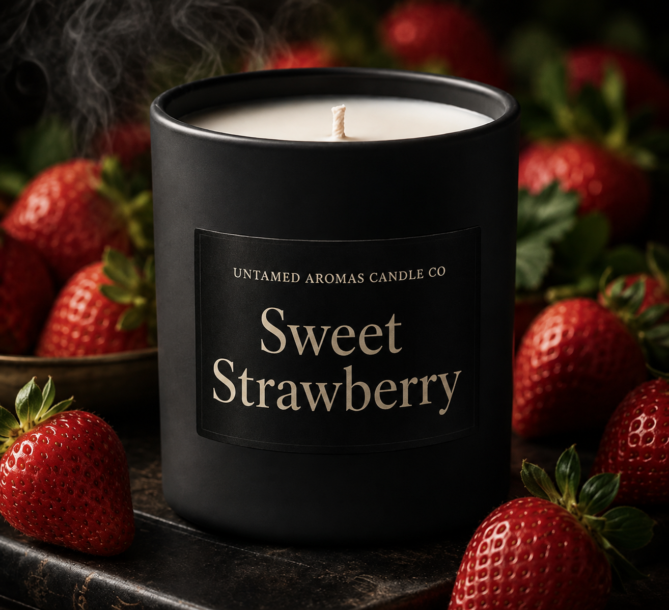 A black scented candle labeled 'Sweet Strawberry' from Untamed Aromas Candle Co, surrounded by fresh strawberries on a dark surface.