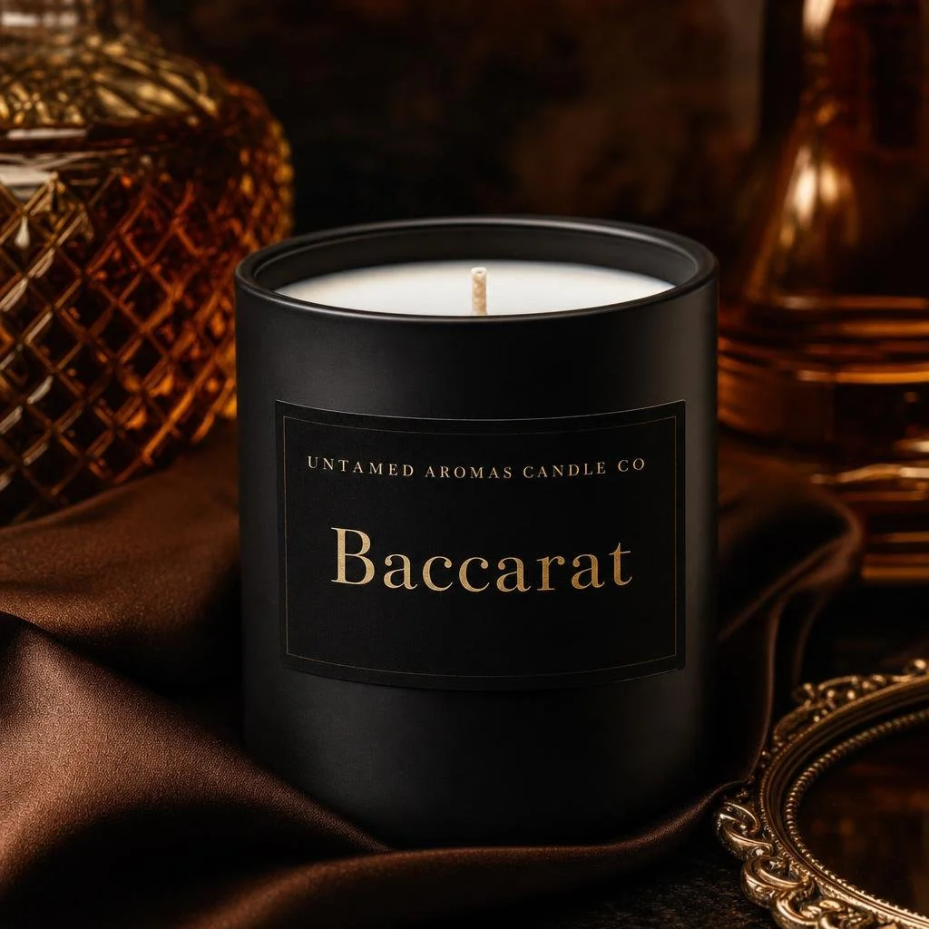A black scented candle labeled "Baccarat" by Untamed Aromas Candle Co., surrounded by gold decorative objects and gold jewelry on a dark fabric background.