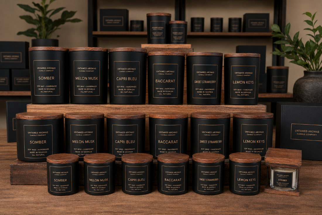 Multiple black candles with wooden lids labeled with different scents, arranged on wooden surfaces in a store display.