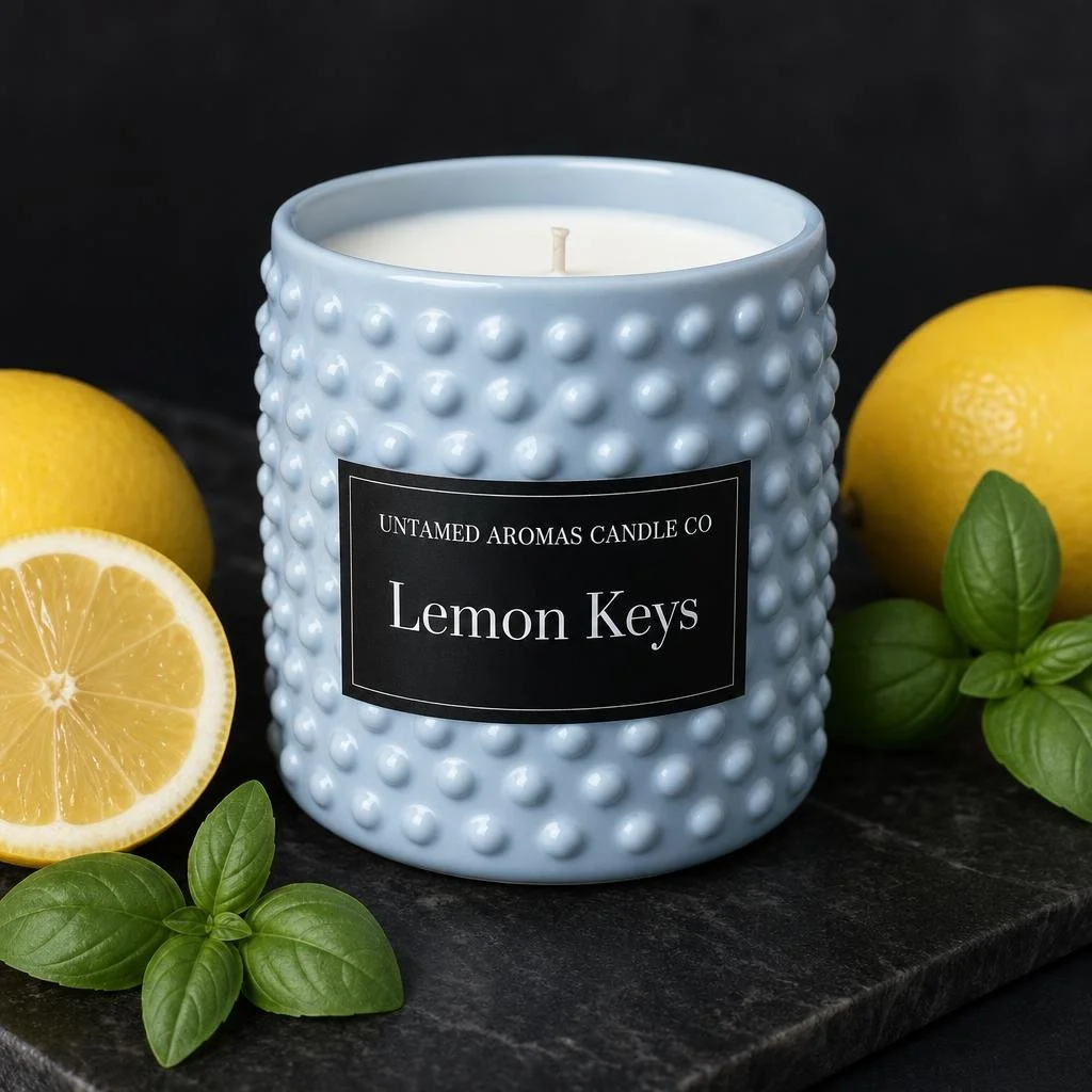 A light blue textured candle jar labeled "Lemon Keys" with three lemons and fresh basil leaves around it on a black surface.