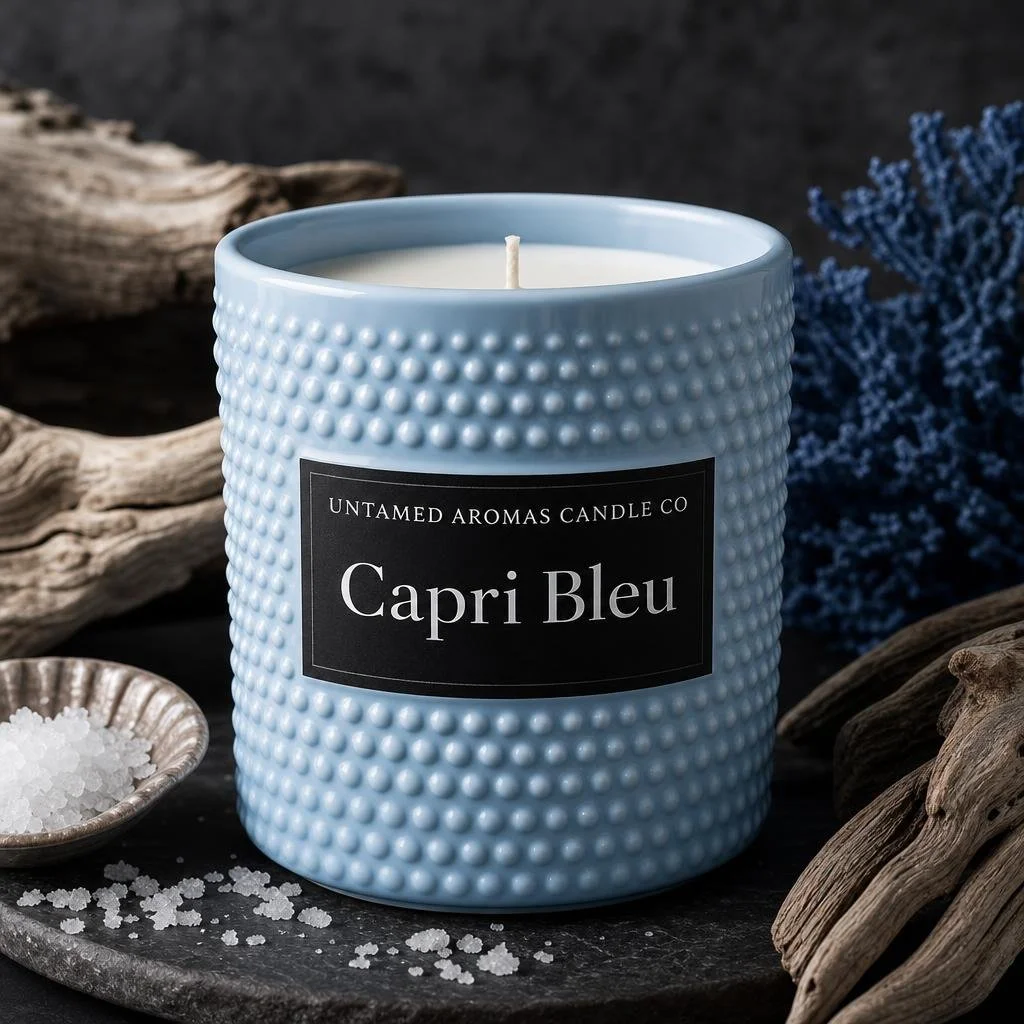 A light blue textured candle holder labeled "Capri Bleu" by Untamed Aromas Candle Co, surrounded by salt crystals and pieces of driftwood on a dark background with blue flowers in the background.