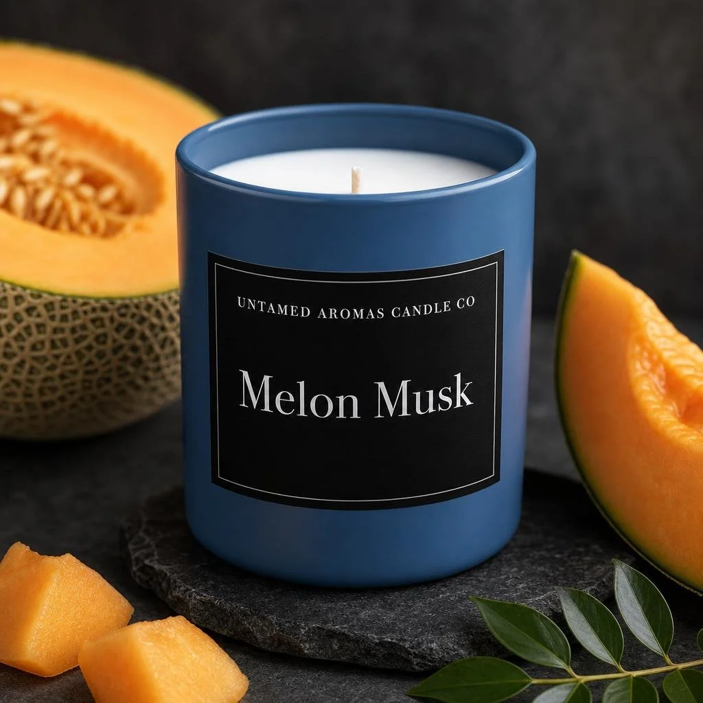 A blue scented candle labeled 'Melon Musk' from Untamed Aromas Candle Co., surrounded by fresh melon pieces on a dark surface.