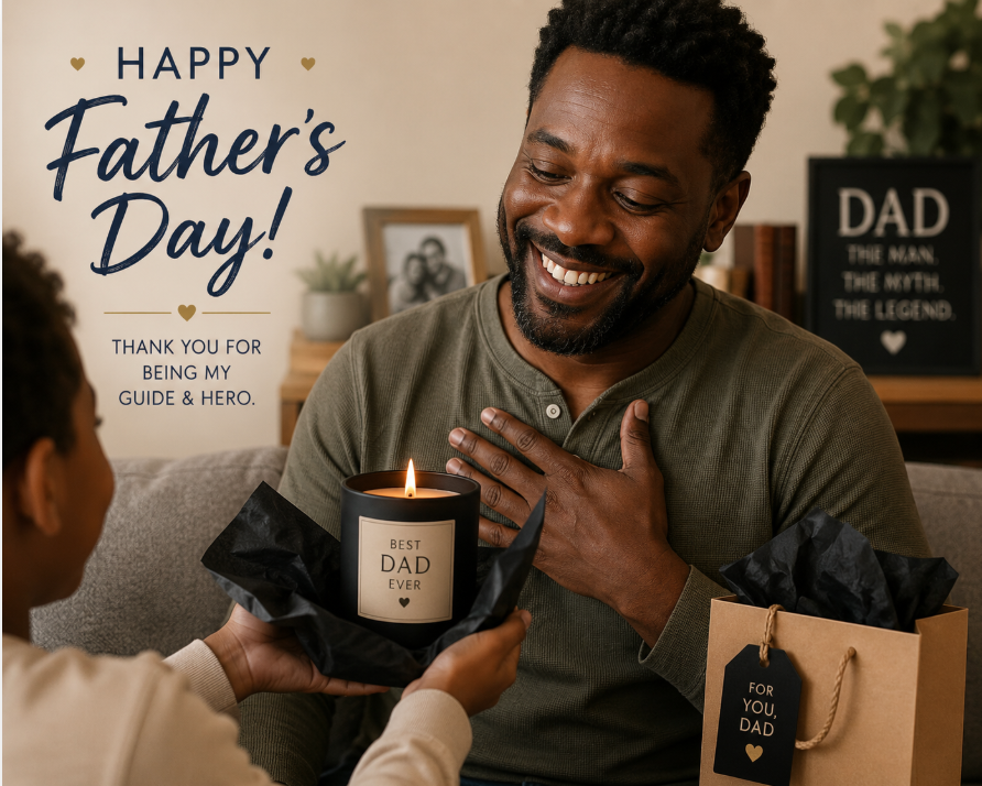 A man with a smile on his face receiving a gift, a candle labeled 'Best Dad Ever,' from a child. In the background, a Father's Day greeting and gifts are visible.