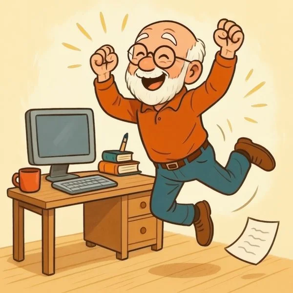 Cartoonish image of an old man with a white beard jumping for joy alongside a desk with a computer