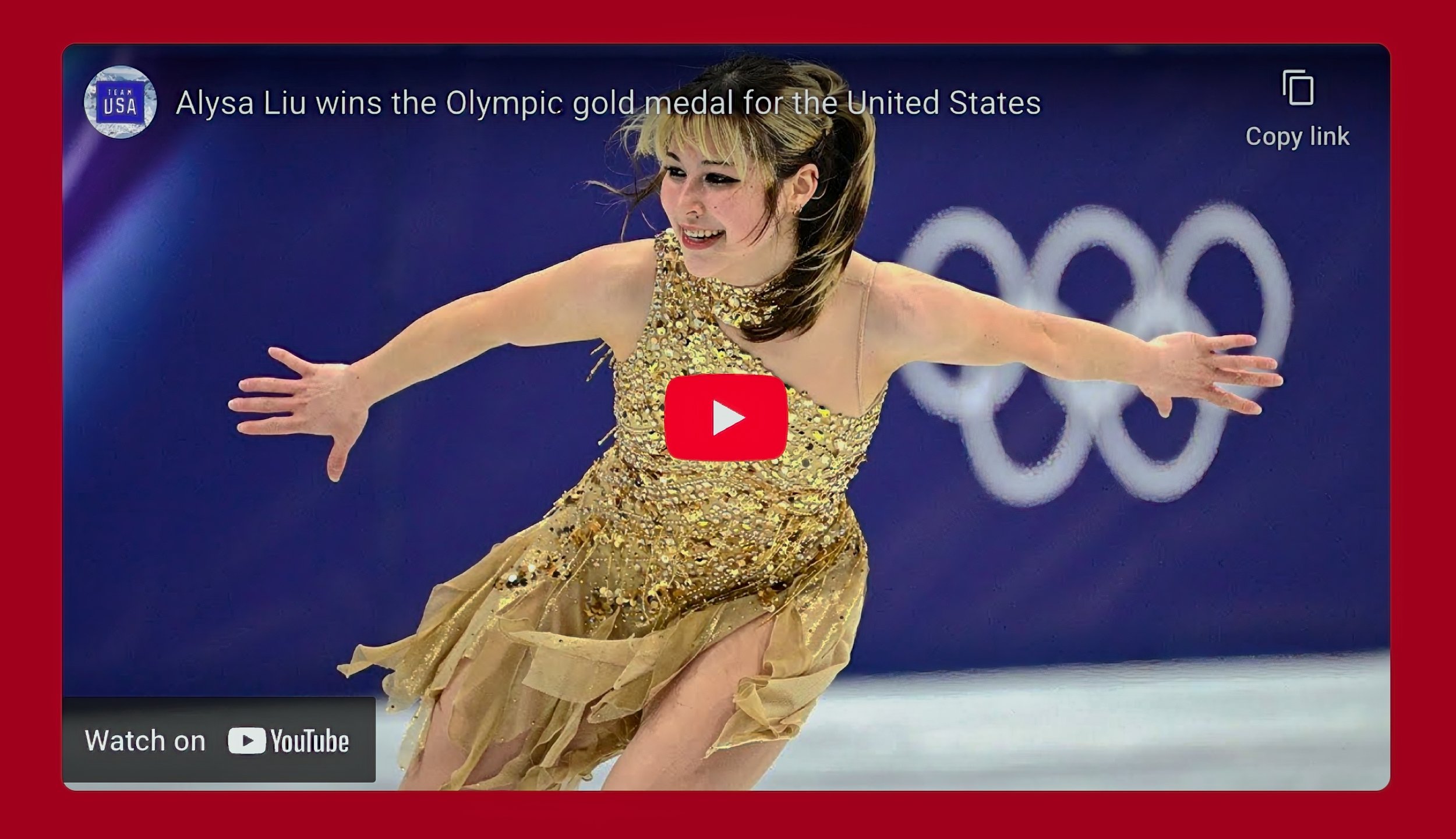 A female figure skater wearing a gold dress performing on ice with the Olympic rings in the background, celebrating her gold medal win for Team USA.