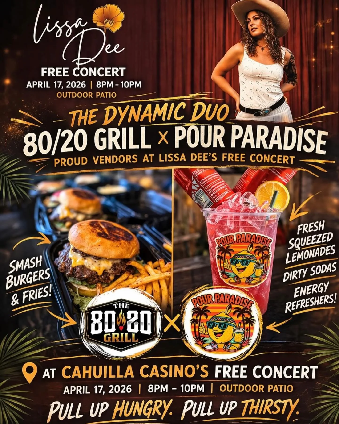 Come and join us this Friday with an awesome event here @cahuillacasinohotel with a live performance by @musicbylissa come one, come all, and come hungry