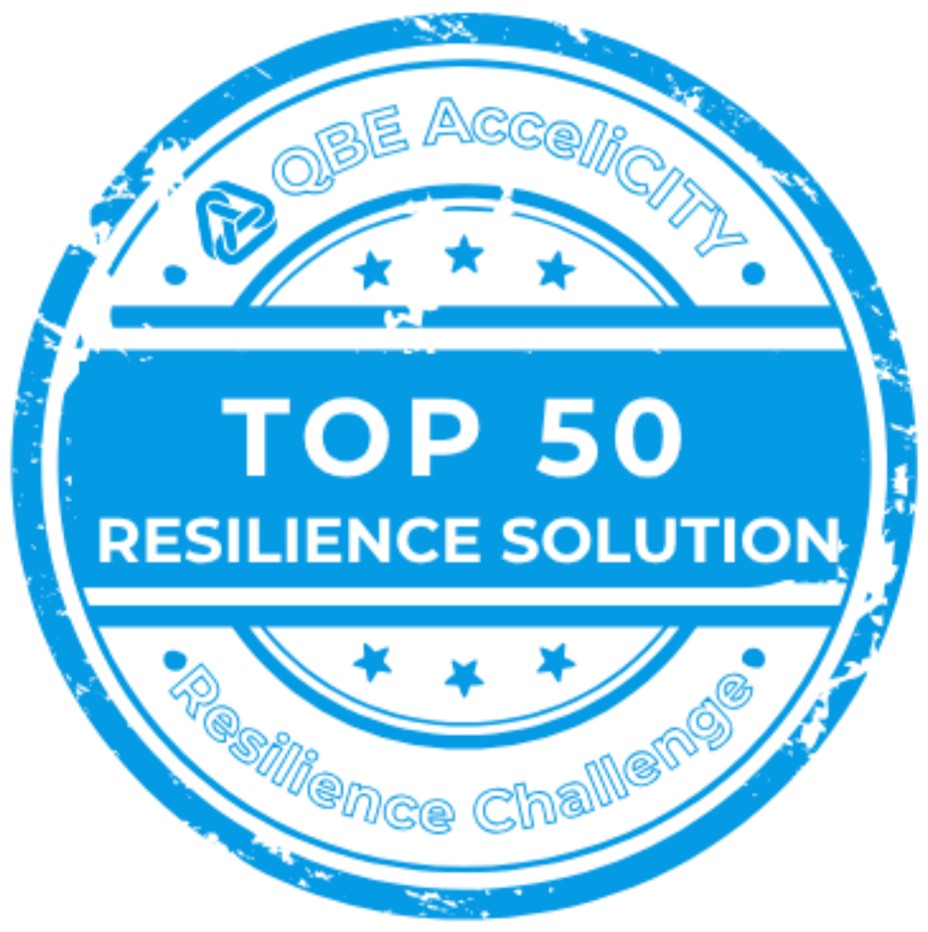 Badge or seal with blue background displaying "Top 50 Resilience Solution" and words "QBE AcceliCITY Resilience Challenge" followed by icons of stars