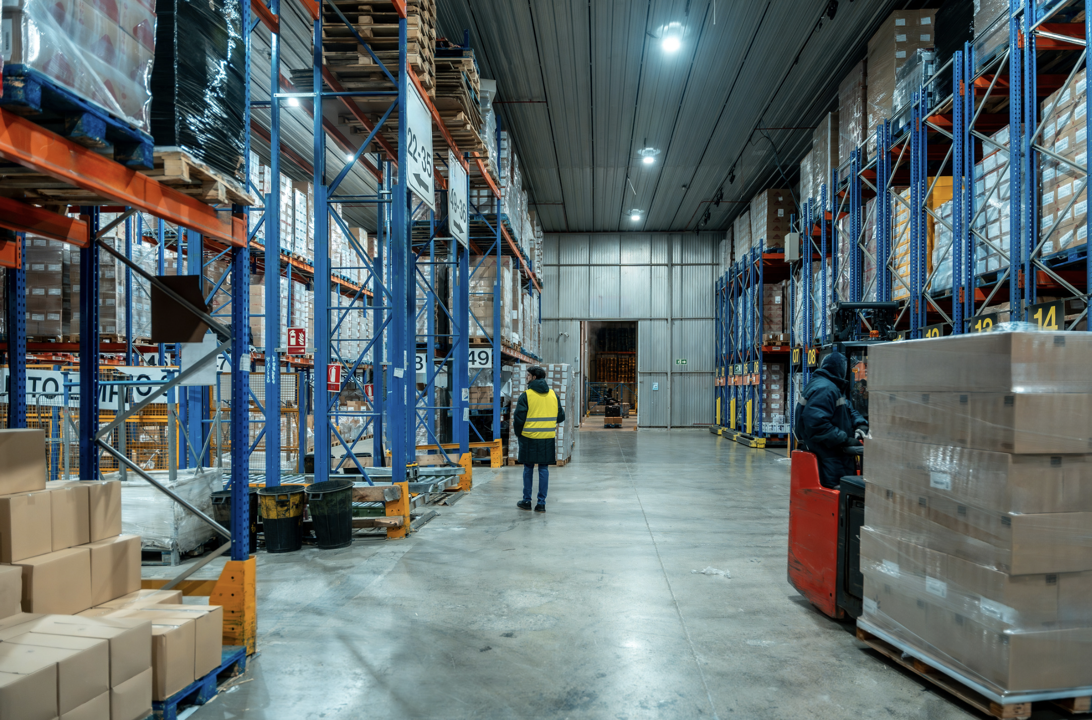 Warehouse workers manage inventory among tall storage racks