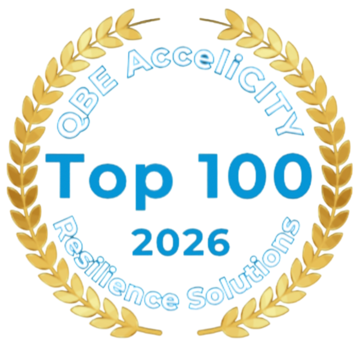 Badge with a gold laurel wreath border and text that reads "Top 100 Resilience Solution" with the year 2026. The badge also features the phrase "QBE AcceliCITY" arranged in a circular pattern around the main text.