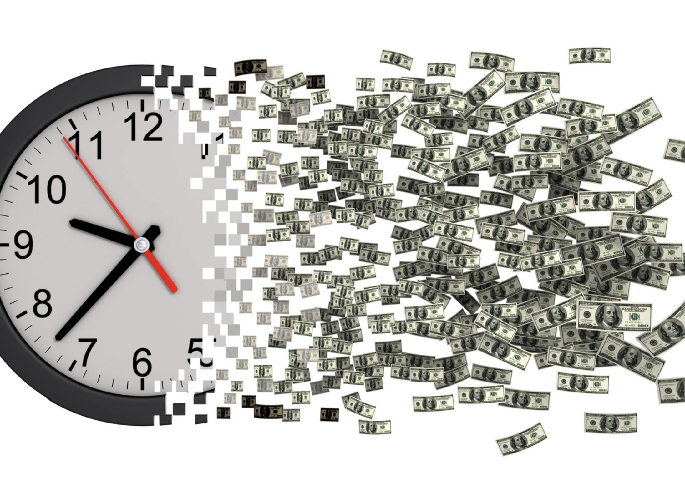 Photo of a clock whose right side pixelates into $100 bills