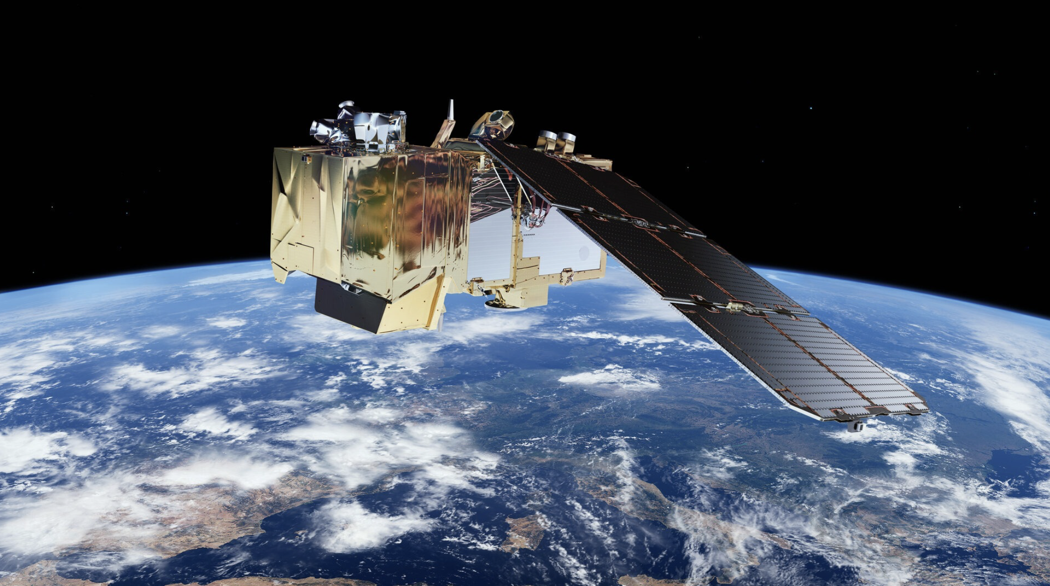 Image of a Sentinel satellite orbiting Earth