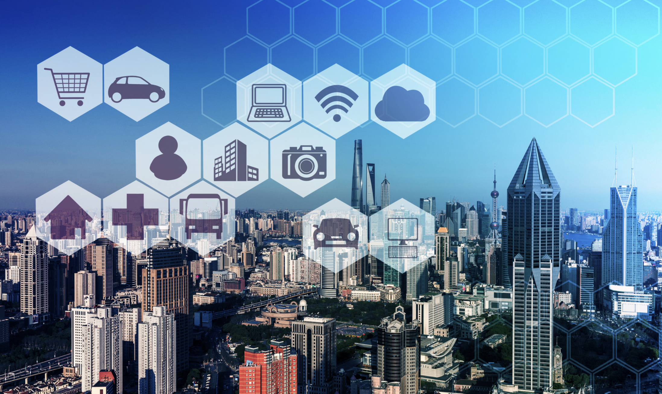 City skyline superimposed with tiles marked with icons depicting urban activities and services