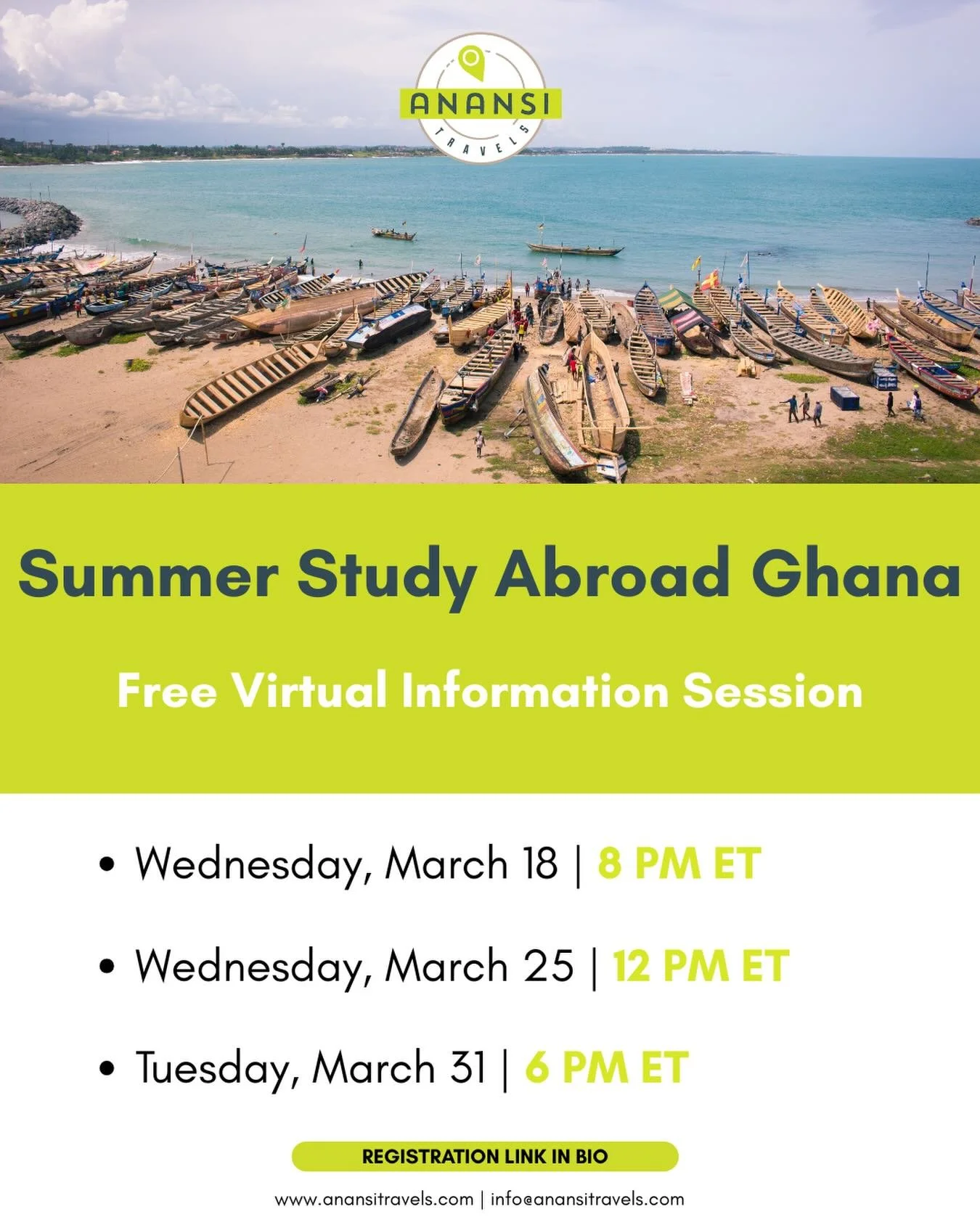Ever dreamed of studying abroad in Ghana? 🇬🇭

Join one of our upcoming virtual information sessions and discover how you can gain global experience, explore a vibrant culture, and expand your career opportunities.

Our sessions will cover:

*What&r