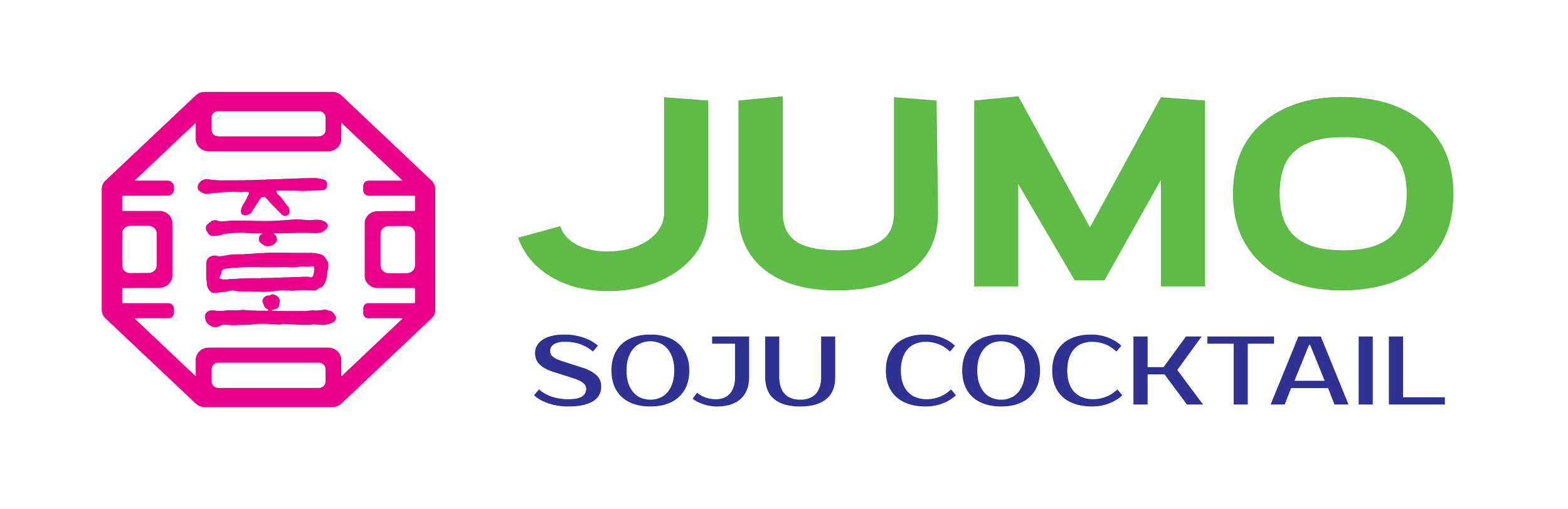 Logo for JUMO SOJU COCKTAIL with a pink geometric octagon and the text 'JUMO' in large green letters and 'SOJU COCKTAIL' in smaller blue letters.