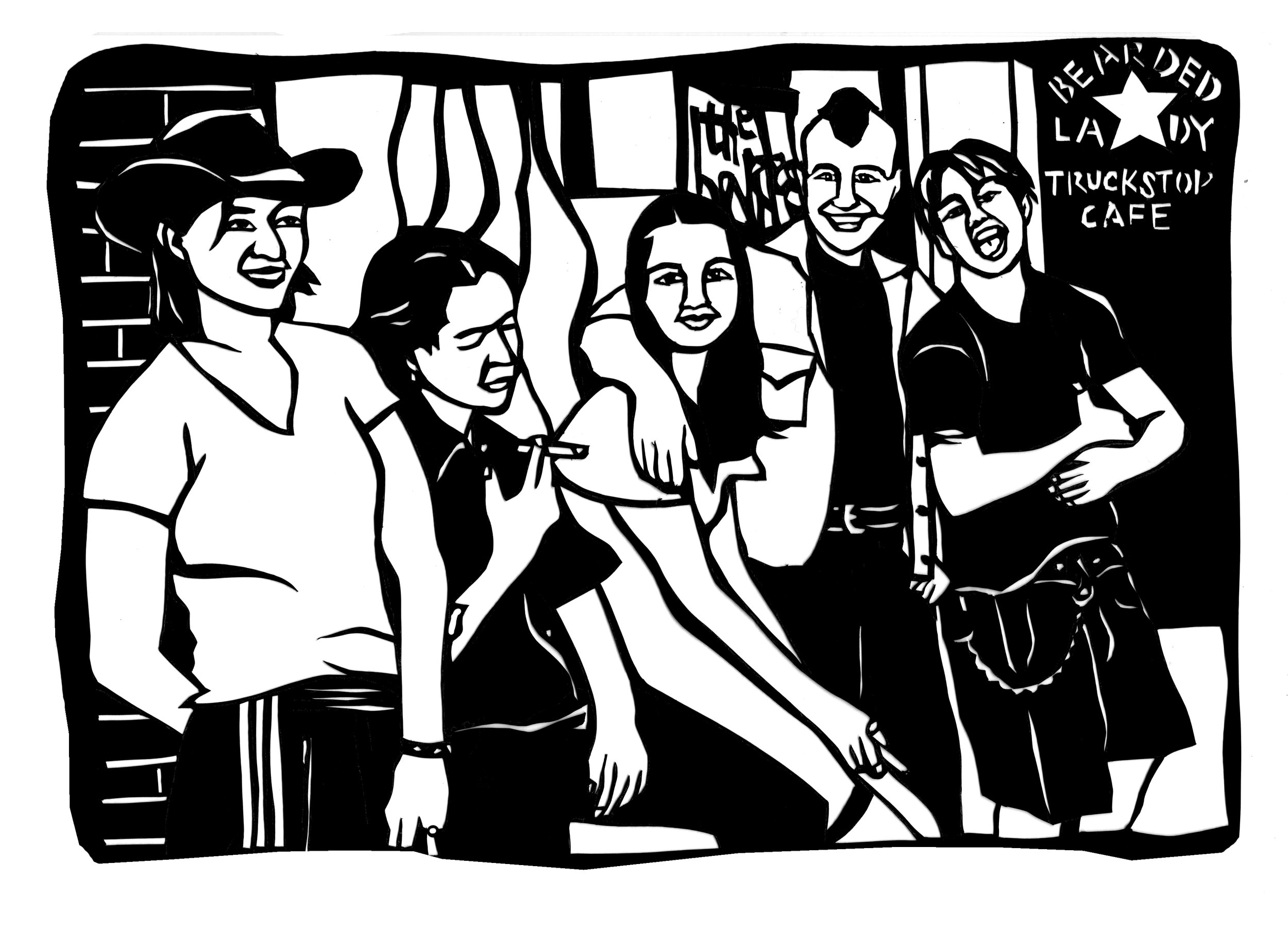 paper cut of 5 people standing outside the Bearded Lady Truckstop Cafe, arms around eachother, looking cool and fun.