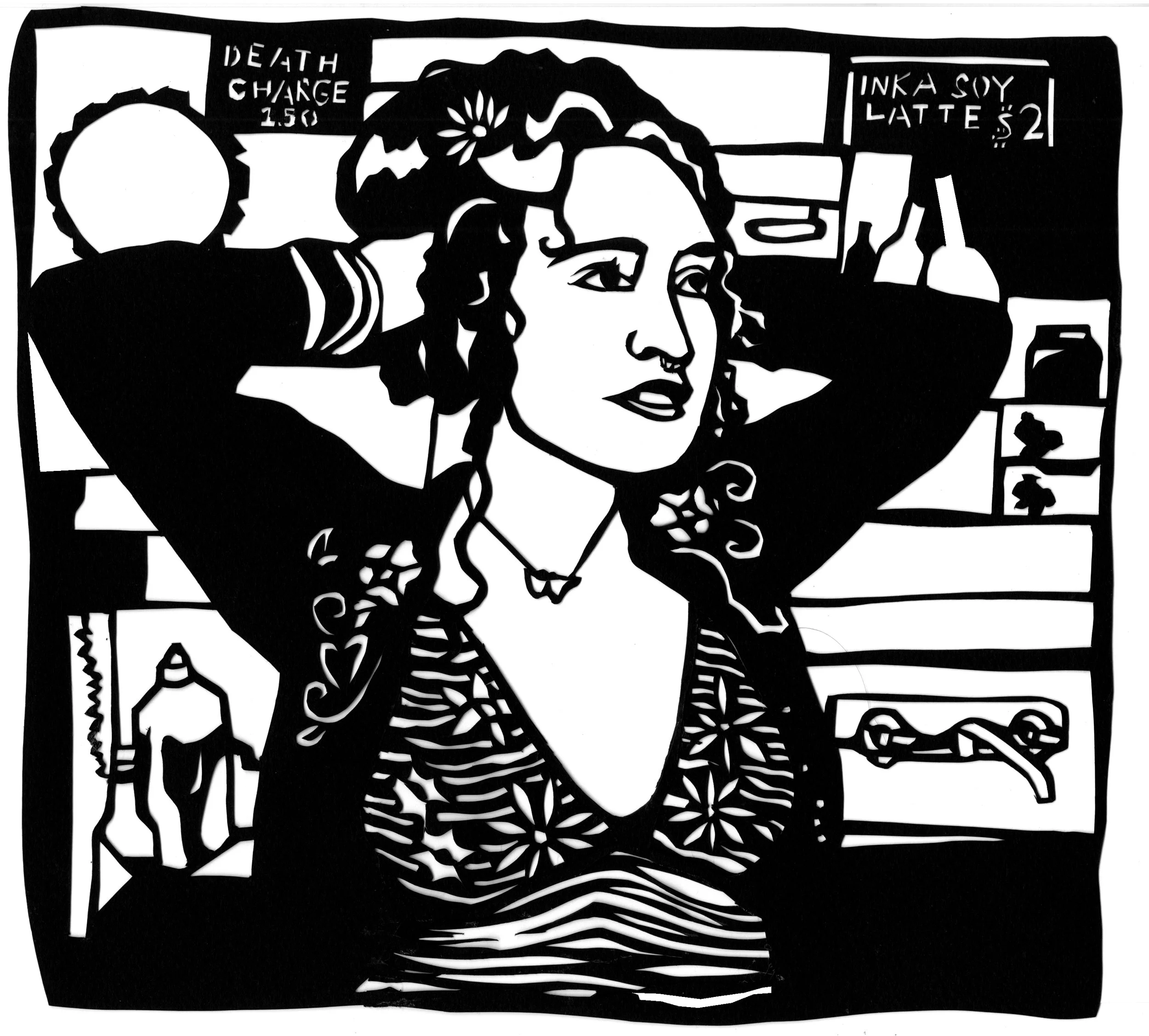 Paper cut of a woman with her hands in her curly hair, nose ring and flowered sweater, at a cafe