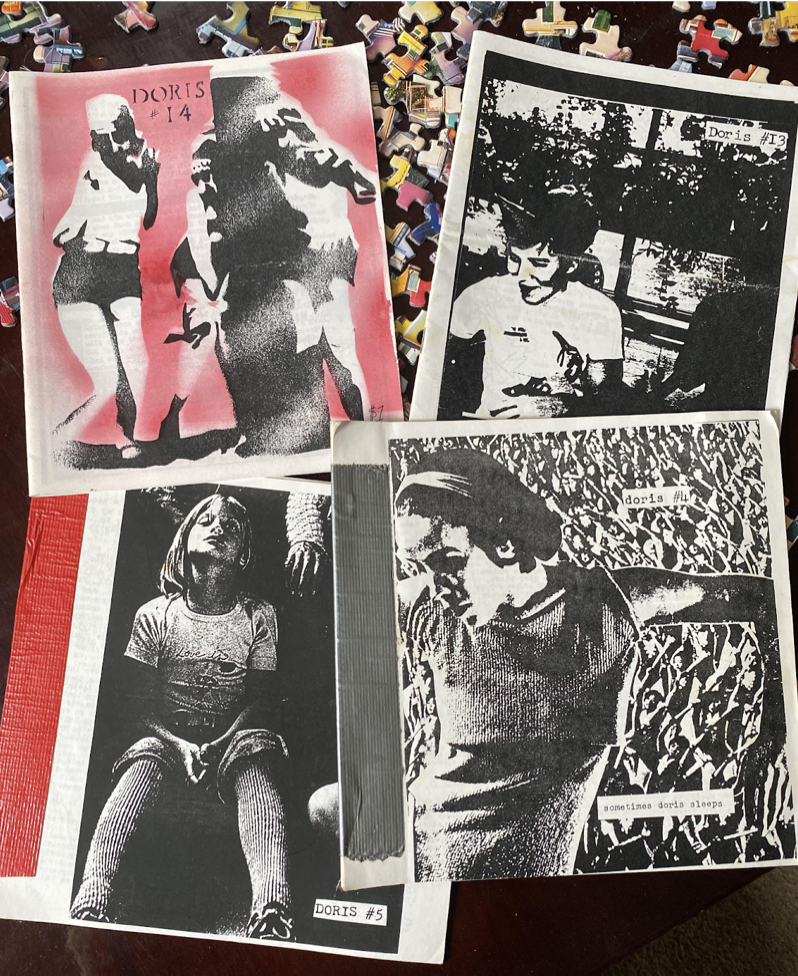 4 issues of Doris zine, some covers have a photo, blown up or altered, some a colage, all of girls or women with a vibe of meloncholy or isolation
