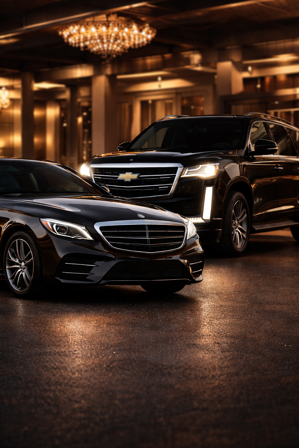 Luxury black sedan and SUV parked in a grand hotel lobby with chandeliers and warm lighting.