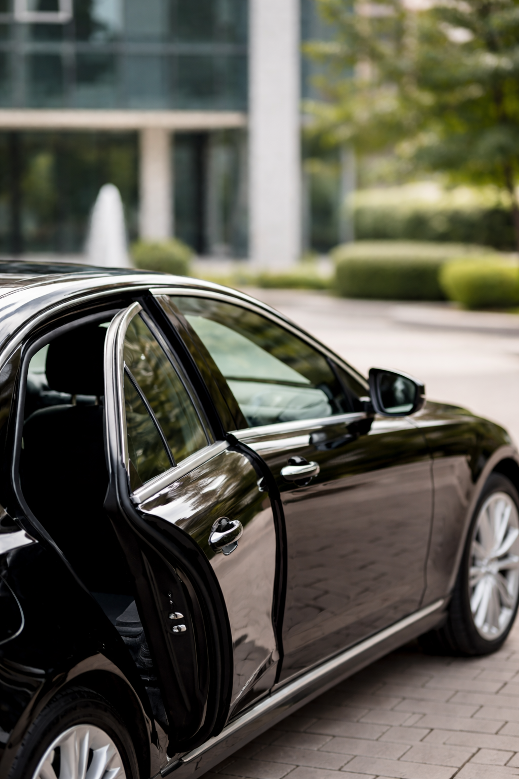 Black sedan car parked by a sidewalk with open front door, in front of modern office building with glass windows and surrounding greenery.