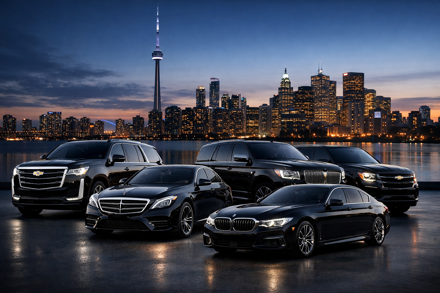 Five luxury cars parked near a city skyline at dusk with illuminated skyscrapers and the CN Tower in the background.