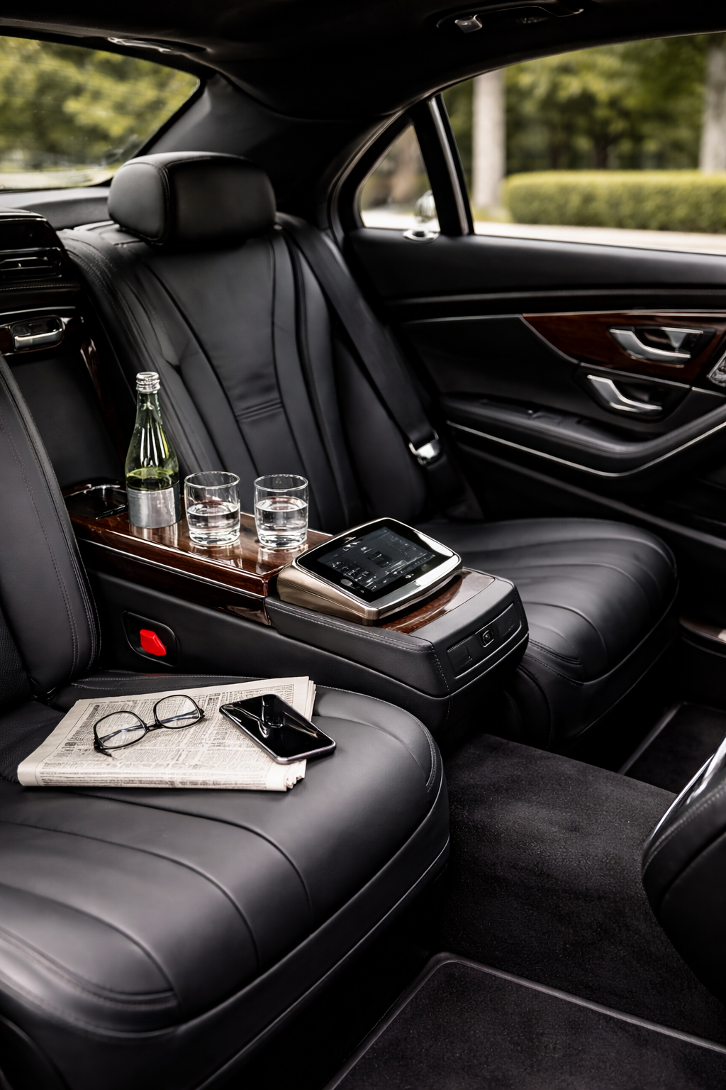 Luxury backseat of a car with black leather seats, a bottle of water, three glasses of water, a tablet, reading glasses, a phone, and a newspaper.