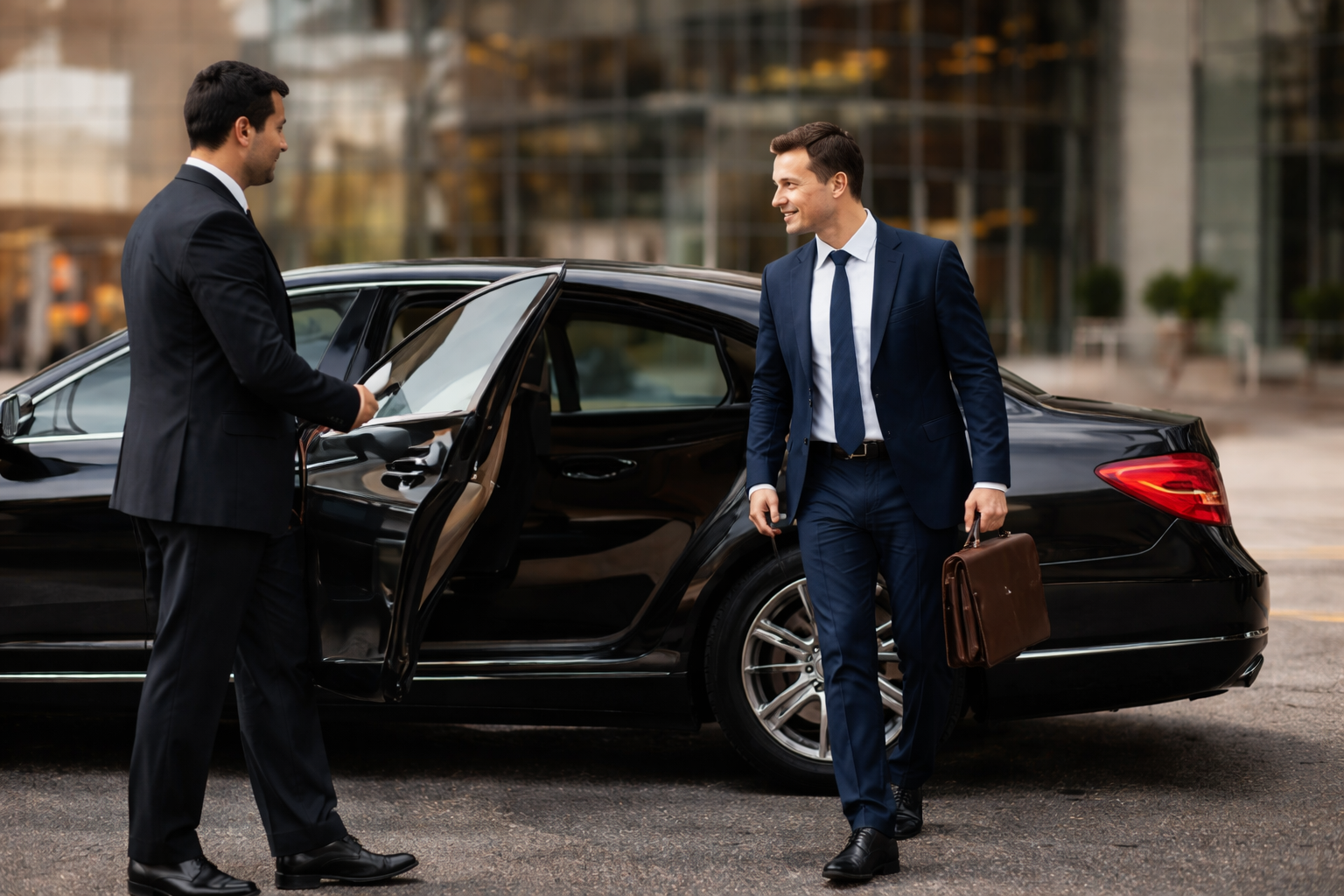 Two businessmen in suits exchanging greetings outside a black luxury car, one holding a briefcase.